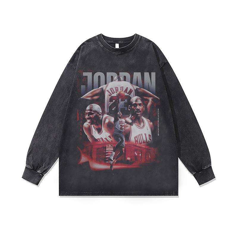 Heavy Weight Cotton Bottoming Shirt Dark Cartoon Digital Direct Injection Printing Retro Washed Long-Sleeved T-Shirt Men