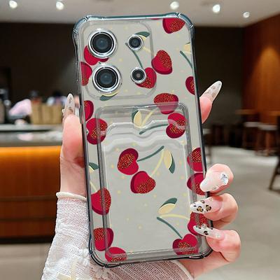 Cherry Pattern Soft Silicone Card Slot Case For Xiaomi 14T 13T Pro Poco F6 X6 Pro C65 Redmi Note 13 12 Pro 11 Slim Shockproof Clear Phone Cover