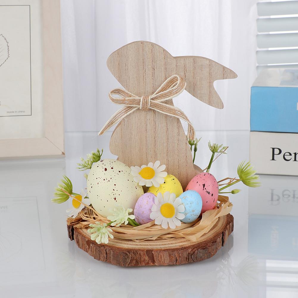 Wooden Easter Bunny Decoration Farmhouse Rustic Artificial Flower Colorful Egg Rabbit Table Sign Desktop Ornament Home Ornament