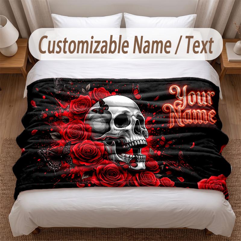 Skull Gothic Theme Soft Blanket Personalized Custom Name Text Print Warm Blanket Home Sofa Bedroom Decor