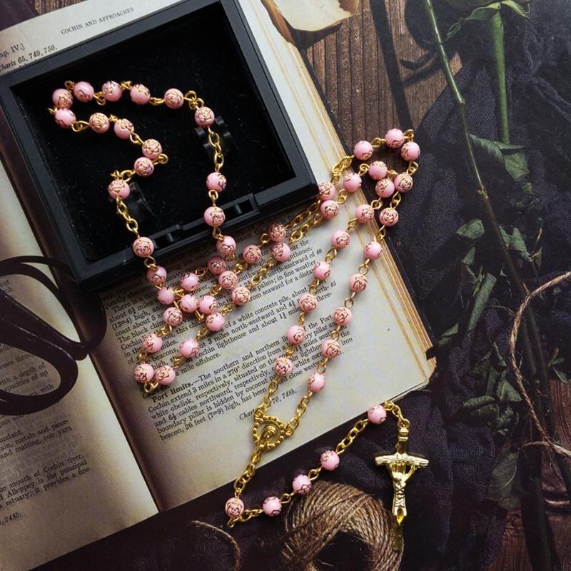 62KD 6mm Rose Beads Rosary Necklace with Jesus Crucifix for Cross Pendant Necklace Pr