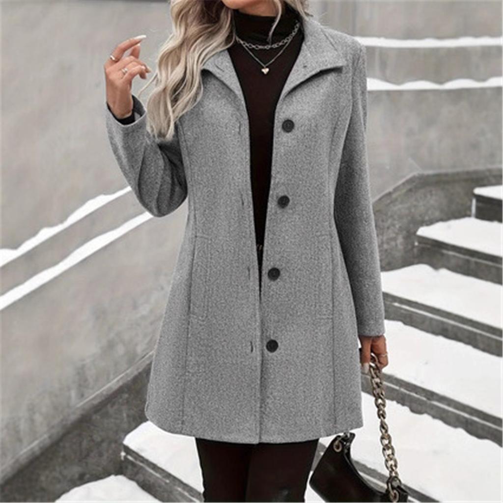 Women Turn‑Down Collar Wool Blend Coat Single Breasted Button Down Long Sleeve Pockets Mid‑Length Casual Winter Outerwear Jacket