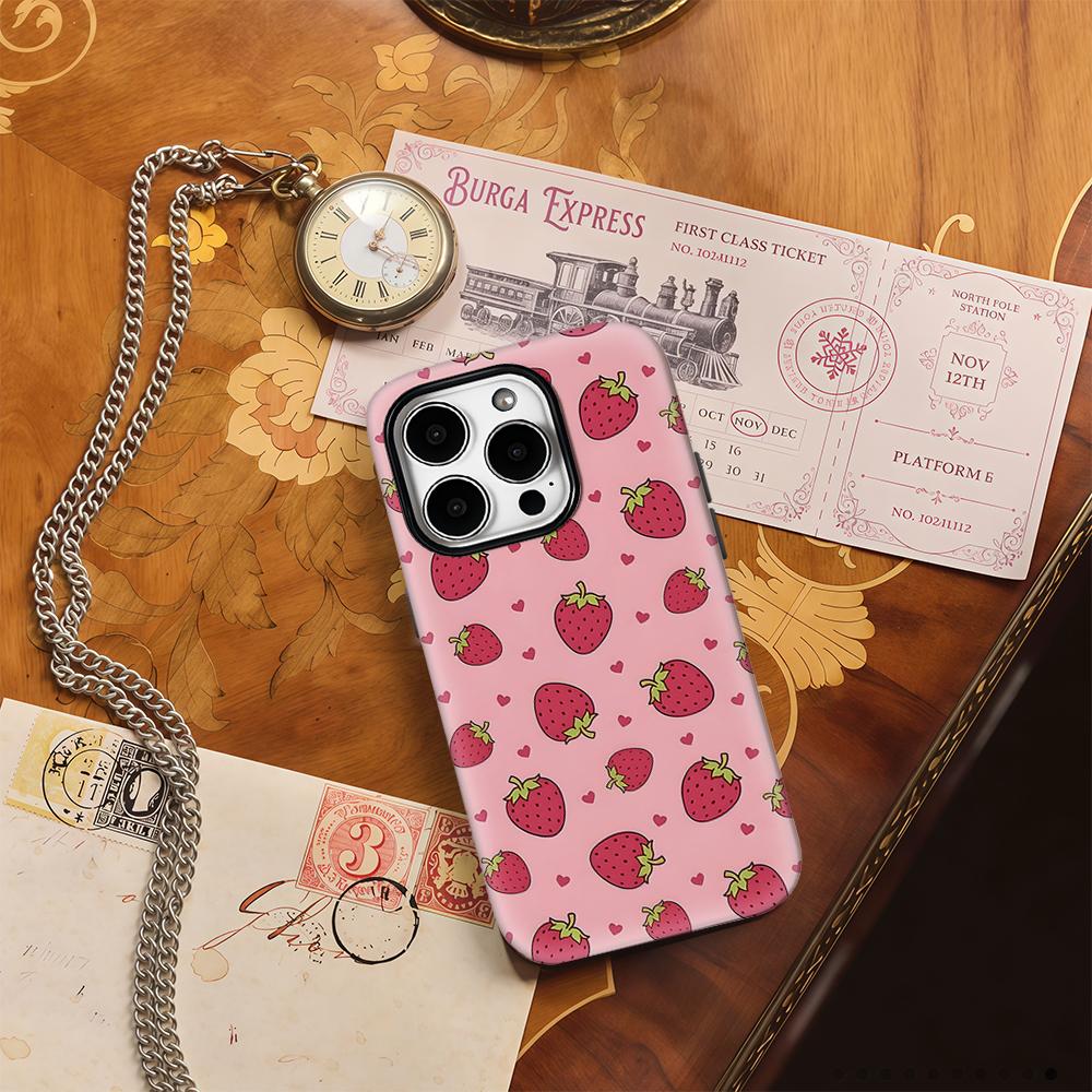 Custodia per Telefono Rosa con Cuori di Fragola per IPhone 17AIR 16E 16 15 14 13 12 11 17 Pro Max Plus Cover Posteriore a Doppio Strato