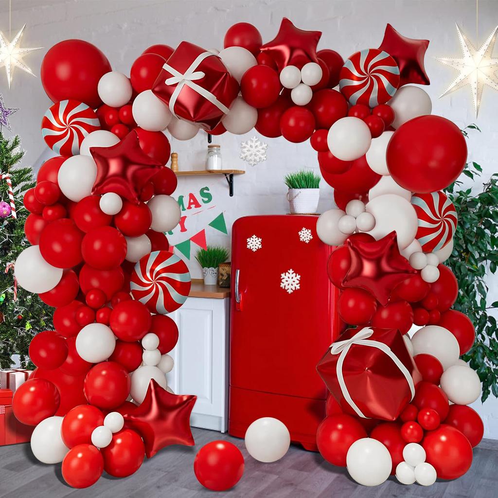 Christmas Balloon Wreath Set with Christmas Red and White Balloon Candy Balloon Gift Box Balloon Christmas Party Decoration