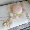 Girls Summer Straw Hat With Pearl Mesh And Bowknot Wide Brim Sun Hat For Kids Beach Princess Shade Cap