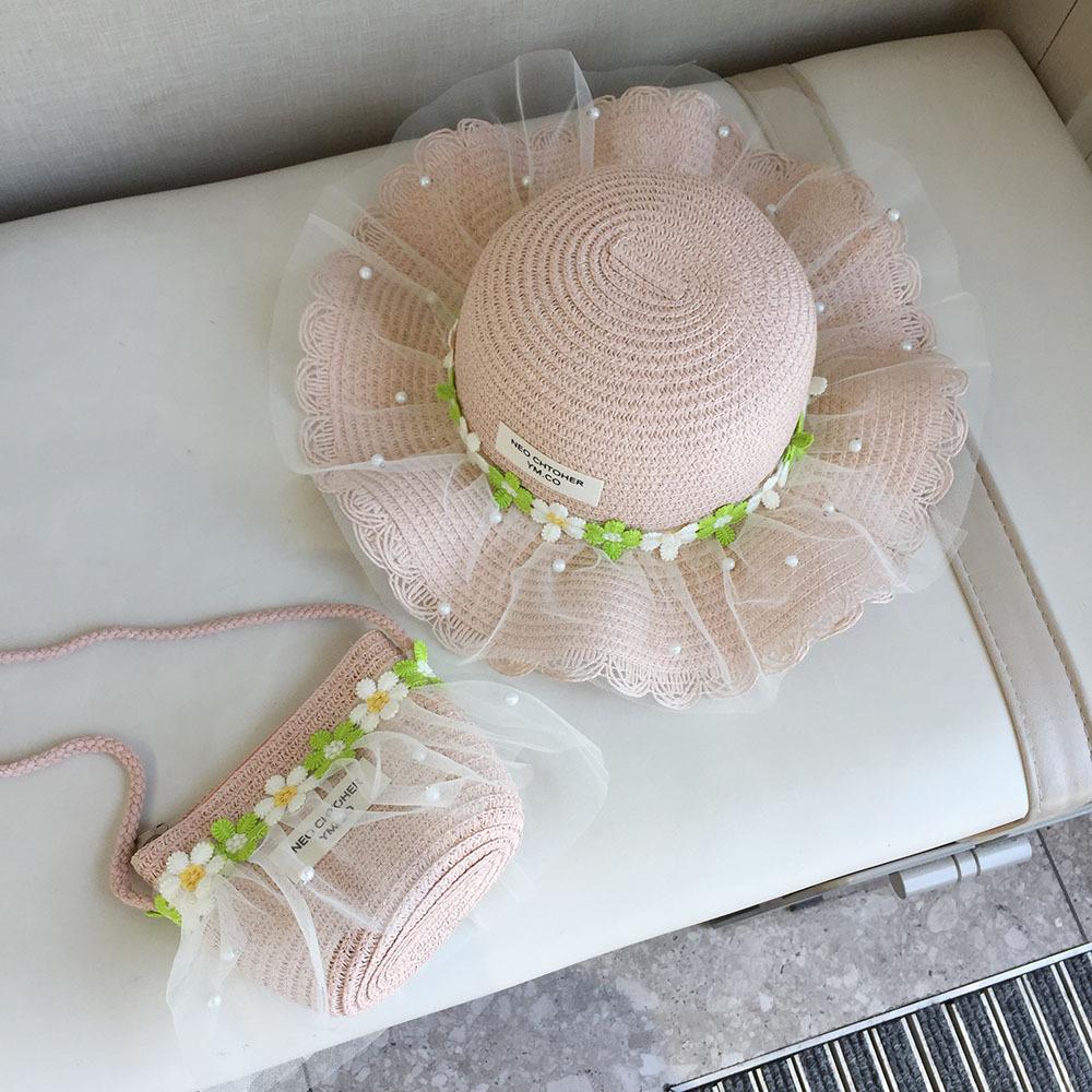Girls Summer Straw Hat With Pearl Mesh And Bowknot Wide Brim Sun Hat For Kids Beach Princess Shade Cap