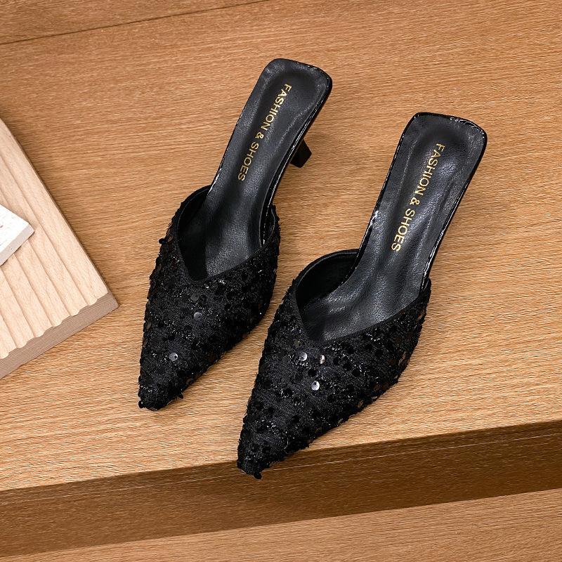 Baotou half slippers women's outer wear 2025 new pointed high heels women's thin heels versatile sequins fashion Mill shoes