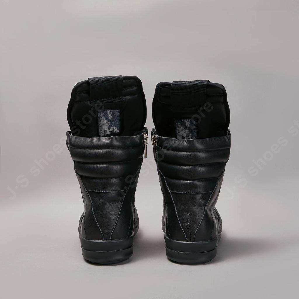 R-o Genious Sneakers Vollschwarzes Leder High-Top-Schuh Herren Sneaker Reißverschluss Damen Freizeitschuhe Geobasket Design Stiefeletten