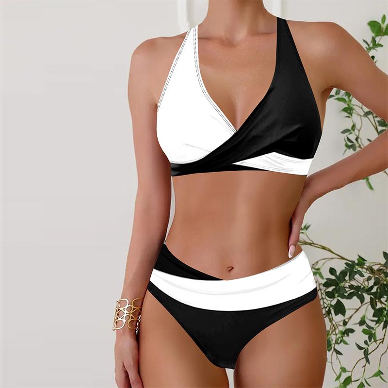 

Женские купальники Бикини Купальник из 2 предметов с открытой спиной Холтер Пляжная одежда Синий и черный цвета Купальники с принтом Купальник с подвесным вырезом 2XL