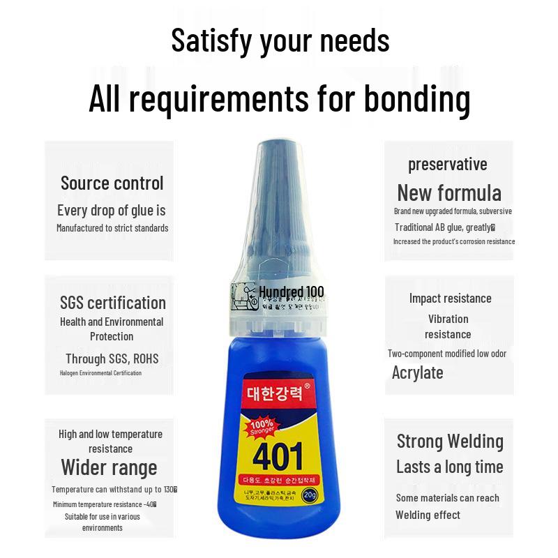 Korean Style 401 Strong Bonding Super Glue, Low Whitening, Oil-Based, 20g - Ideal for Iron Shoe Repairs, Metal, Plastic, and Ornament Use.