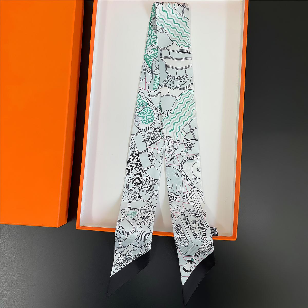 2024 Neu Cartoon-Muster Markendesign Köperseidenschal Luxusschal Damen Foulard Schmaler Taschenschal Halstuch Stirnband black