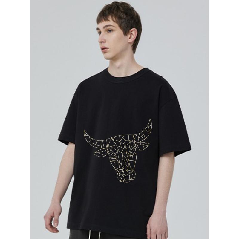 Geometric Bull Head Print T Shirt Black Unisex Casual Streetwear Top for Men and Women