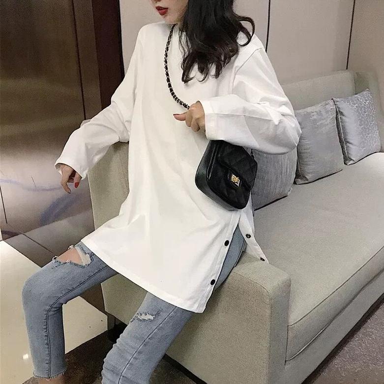 Wiosenny rozcięcie z boku guziki biały czarny długi T-shirt z okrągłym dekoltem damskie koszule jesień przybycie Harajuku jednolity oversize T-shirt topy