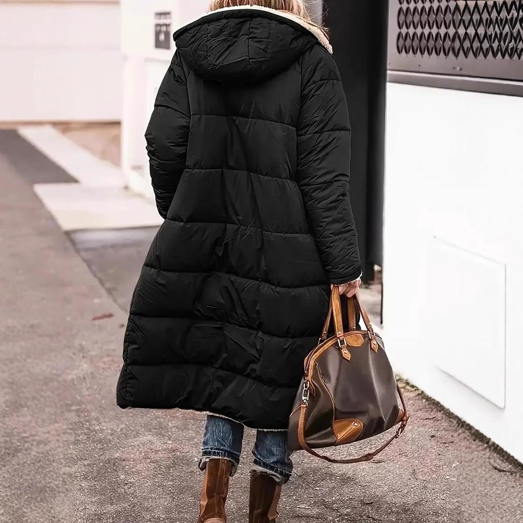 Women's Hooded Reversible Puffer Coat Zip‑Up Thick Warm Loose Mid‑Long Winter Cotton Jacket