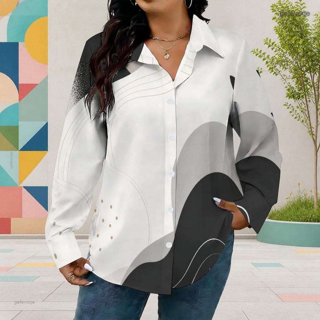 Women Plus Size Collared Neck Long Sleeve Geometric Printed Button Front Curved Hem Shirt
