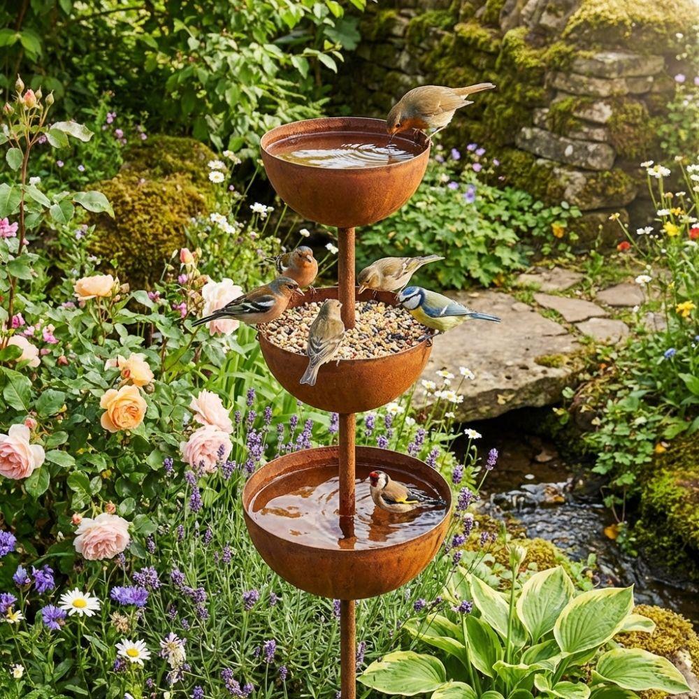 Vintage Iron Bird Water Dispenser 3-Tier Bowl Garden Rain Catcher Outdoor Garden
