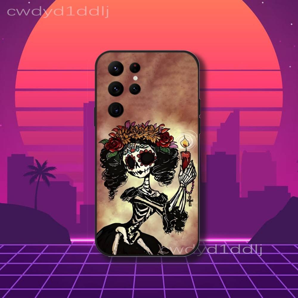 Mexican Catrina Skull Girls Phone Case For Samsung S10,S21,FE,S21 ,S26,S25,S24,S23,Ultra,S9,S22,Plus Black Shockproof Silicone