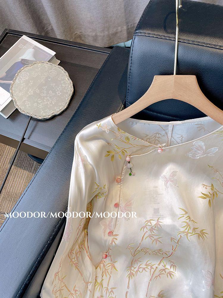 

Женская рубашка со средним рукавом и принтом в стиле ретро «Бамбук» — легкая и стильная для лета Medium