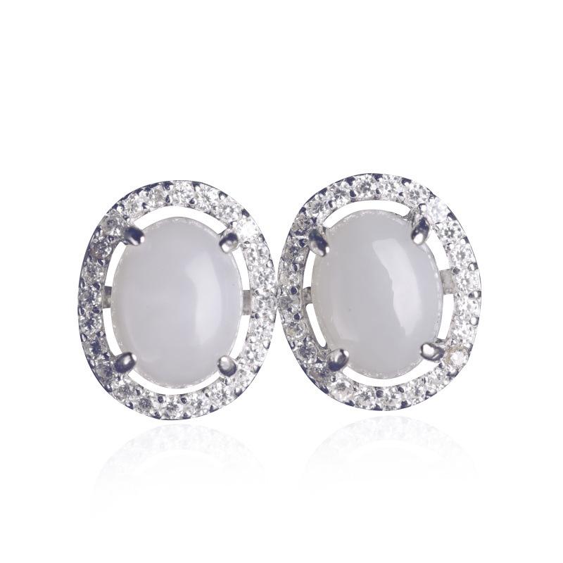 925 Sterling Silver Hetian Jade Stud Earrings with Certificate - Simple Ancient Hanfu Cheongsam Style White Jade Earrings