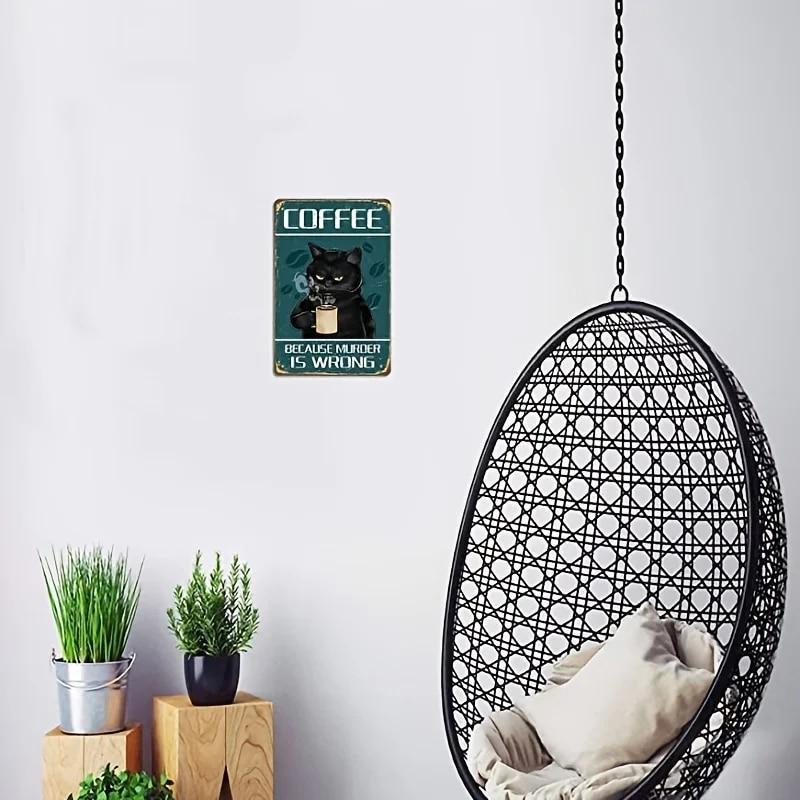 1pc "Coffee Because Murder Is Wrong" Wall Decor Sign, Funny Black Cat Tin Sign, Vintage Retro Poster Paintings Cute Cat & Coffee