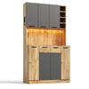 Kitchen Cabinet with LED, Shelf with Socket and 4-Tier Pull-Out Spice Rack, Wine Rack and Display Cabinet for Kitchen & Dining Room, 180 × 100 × 40 Cm