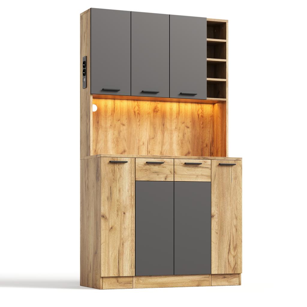 Kitchen Cabinet with LED, Shelf with Socket and 4-Tier Pull-Out Spice Rack, Wine Rack and Display Cabinet for Kitchen & Dining Room, 180 × 100 × 40 Cm