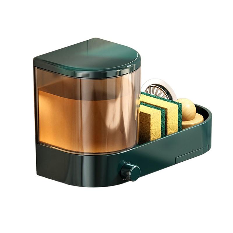 

With Drain Tray Wall Mounted Soap Dispenser With Sponges Holder Hand Press Dishwashing Liquid Holder Large Capacity Waterproof зелёный