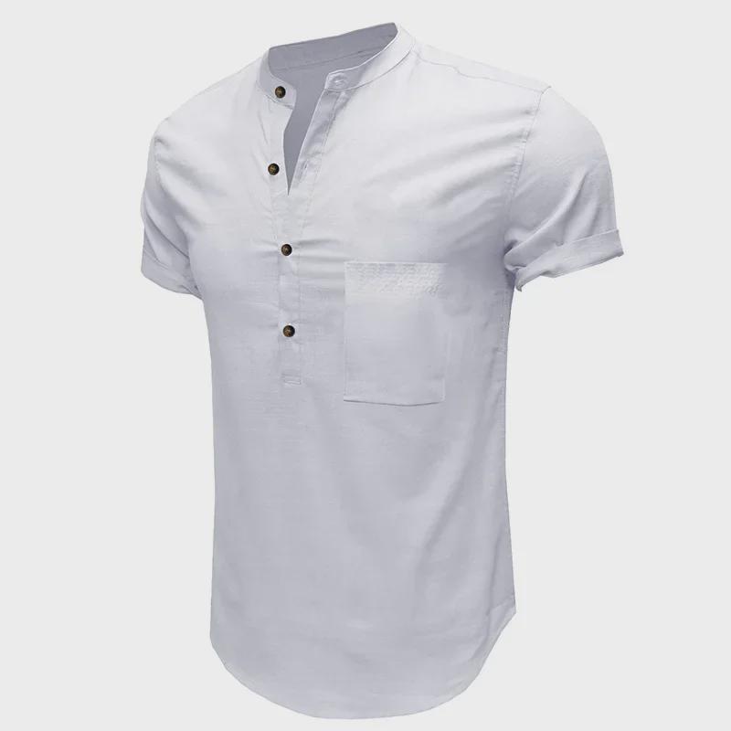 Men's Summer Cotton Linen Casual Pullover Short-Sleeve Shirt