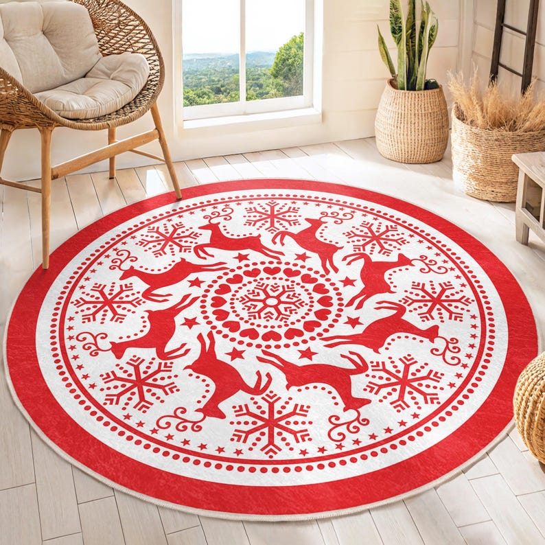 Red Reindeer Christmas Round Rug with Snowflakes,Festive Circle Carpet Merry Holiday Red White Accent Mat for Xmas Home Decor Diameter 100cm