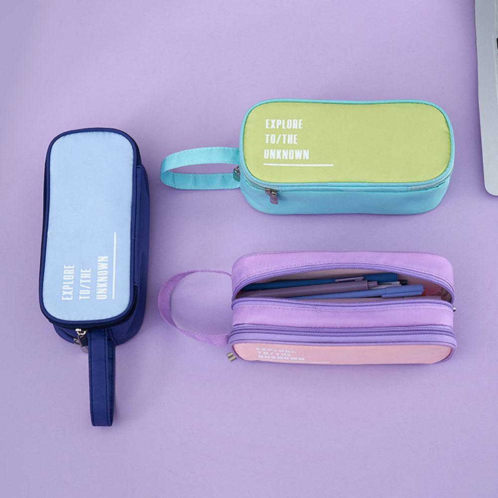 Candy Color Handheld Large Capacity Pen Bag Double Zipper Student Stationery Bag Multifunctional Pencil Case