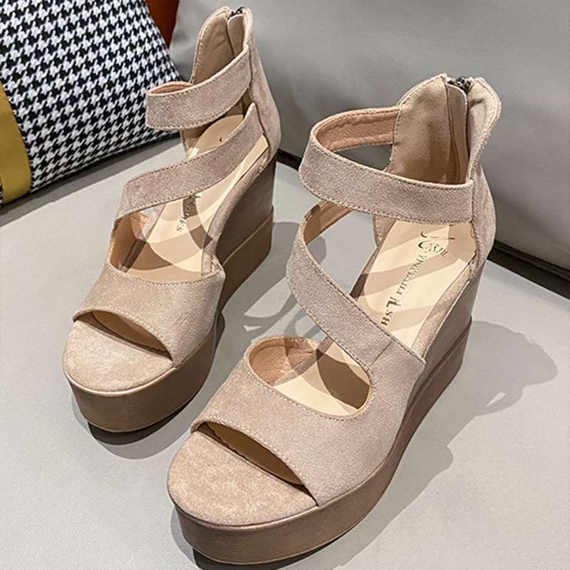 Wedge heel sandals women's summer 2025 new suede platform women's shoes waterproof platform muffin shoes hollow fish mouth high heels
