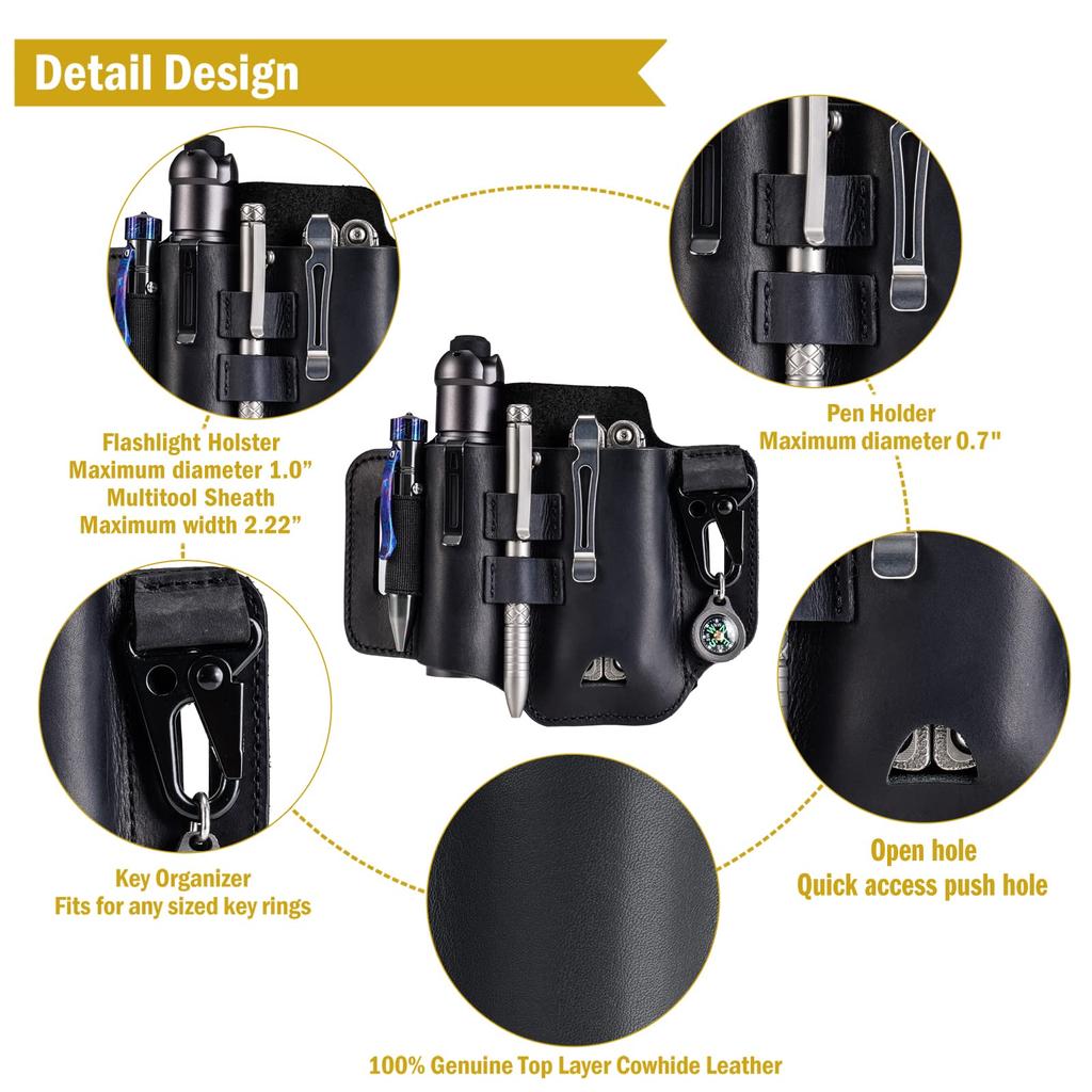 VIPERADE PJ35 Sheath Leather EDC Pocket Organizer EDC Leather EDC Belt Organizer Multi-Tool (for Belt), (for Men), Sheath, (Black)