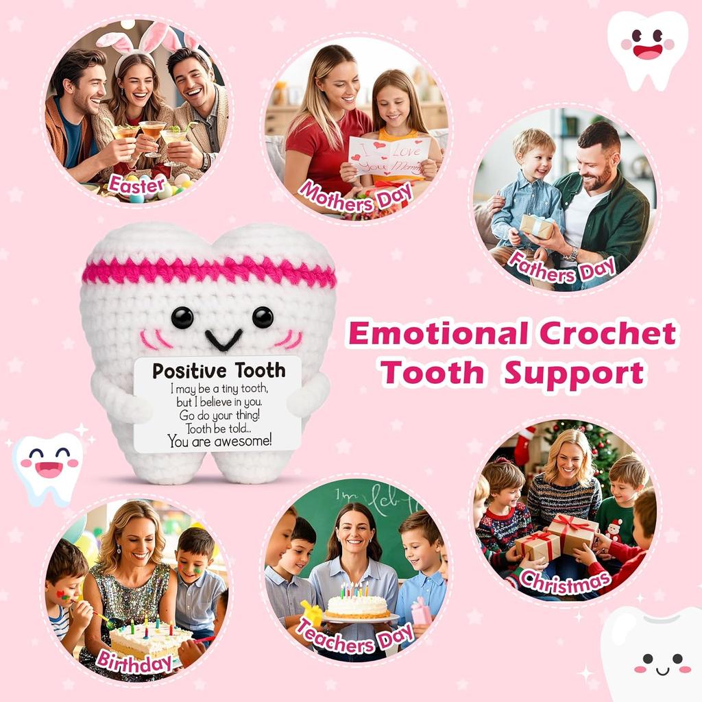 Funny Crochet Positive Energy Tooth Doll With Card Home Room Decoration Handmade Knitted Tooth Desktop Ornament Christmas Gifts