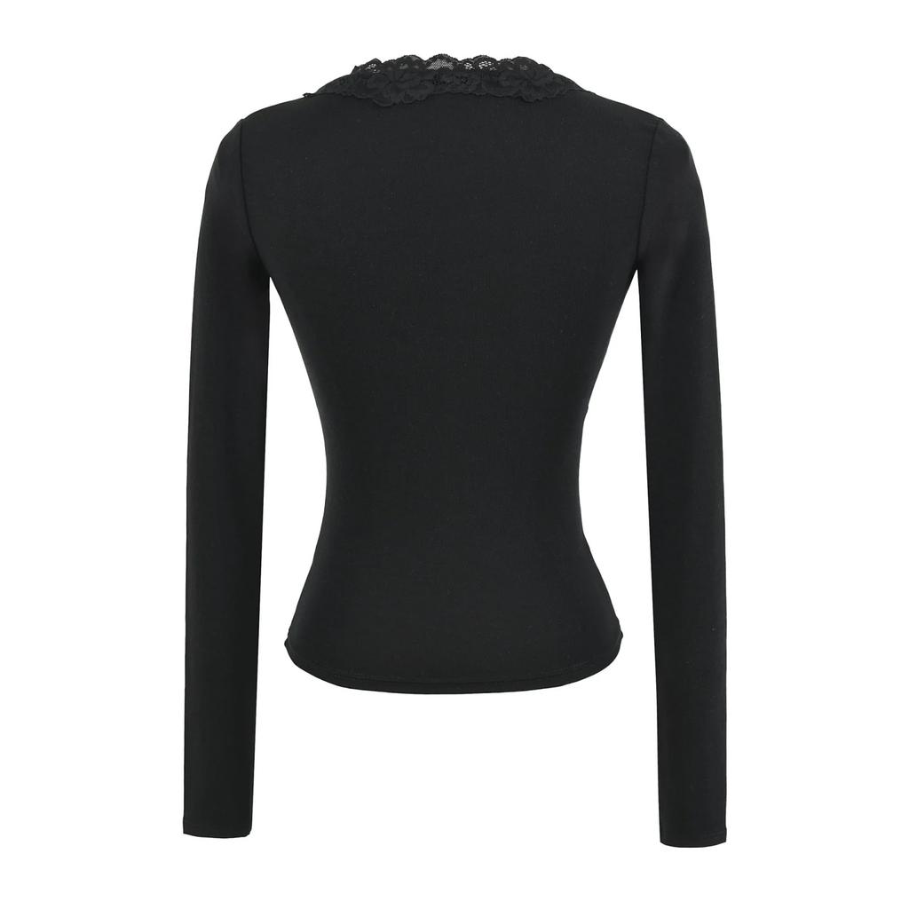 V-neck lace-up long-sleeved T-shirt women's summer new American Spice Girl style solid color lace splicing bottoming shirt top