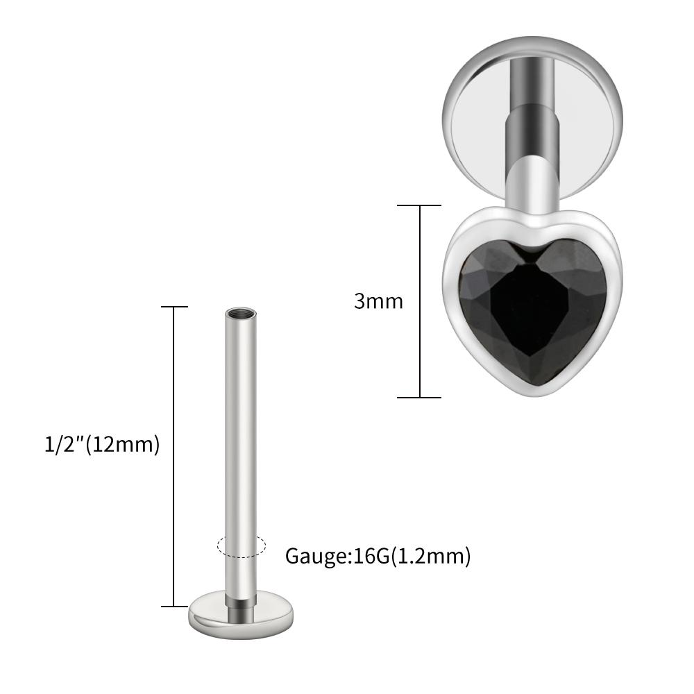 Right Grand ASTM F136 Titanium Heart Shaped CZ Flat Back Labret Stud 16G Garnet Cartilage Helix Ear Piercing Halloween Jewelry