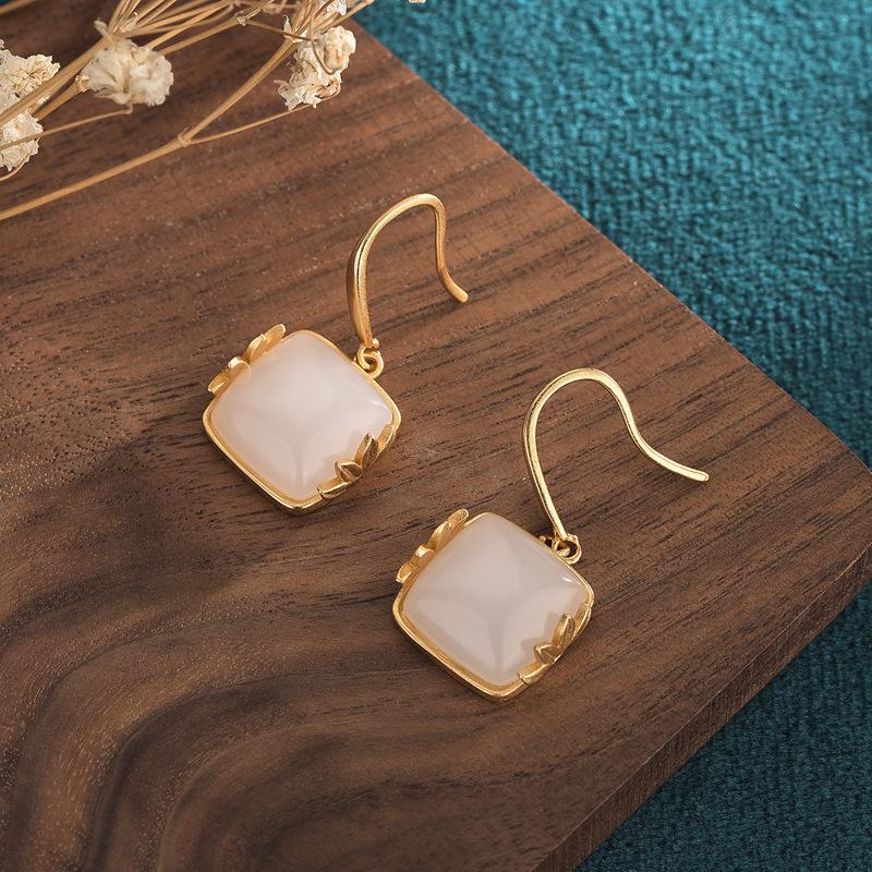 

Chinese Court Style Bamboo Leaf Stud Earrings with White Jade for Women - Retro Dangle Design