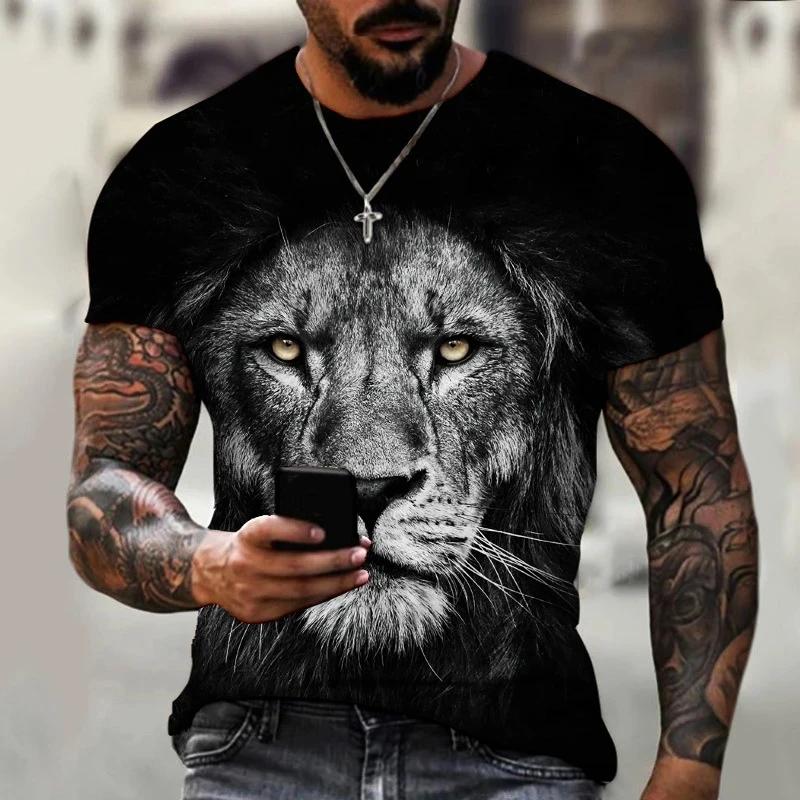Summer Round Neck 3D Lion Print Top Fashionable Casual Short Sleeved Men's T-shirts