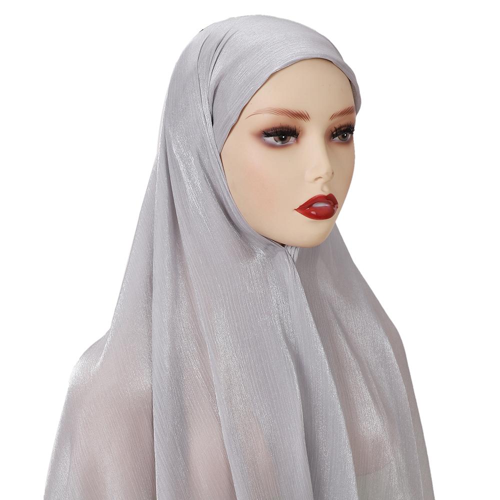 New Solid Color Glitter Hijabs 2Pcs With Undercap Muslim Ladies Soft Head Wrap Shimmer Satin Crepe Hijab Shawl
