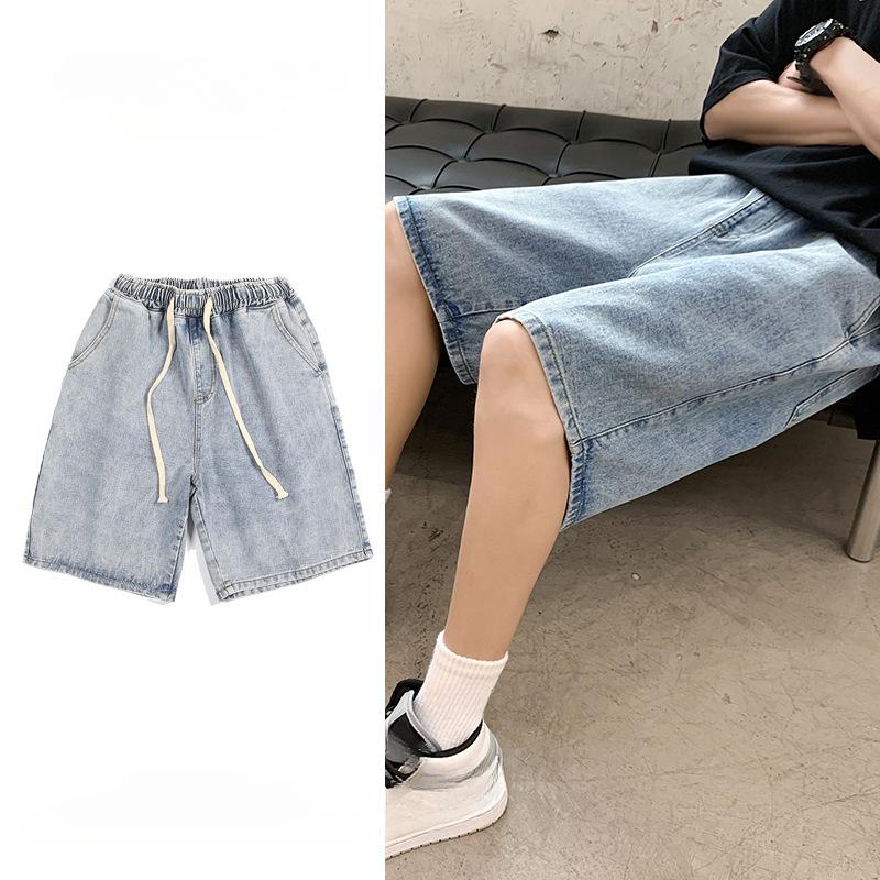 Men's Trendy Brand Denim Shorts Men's Summer Elastic Waist Light-colored Loose Straight Five-point Pants