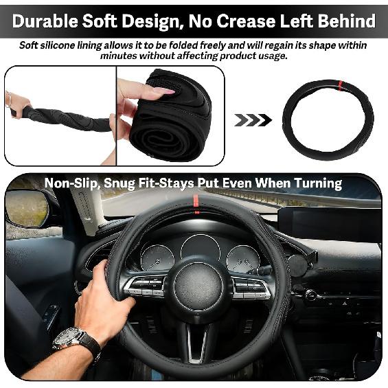 XCBYT Steering Wheel Cover - Black Leather Steering Wheel Wrap Great Grip With 3D Honeycomb Quick And Effortless Tallation Non-Slip Silicone Inner