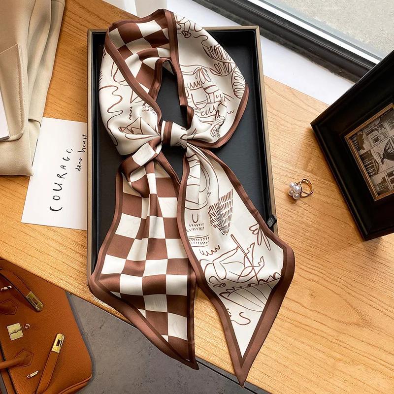 Mode Blauer Druck Seidenschal Damen Weicher Satin Pferdehaarband Schräges Halstuch Büro Hijab Stirnband Foulard Taschenbänder Geschenk