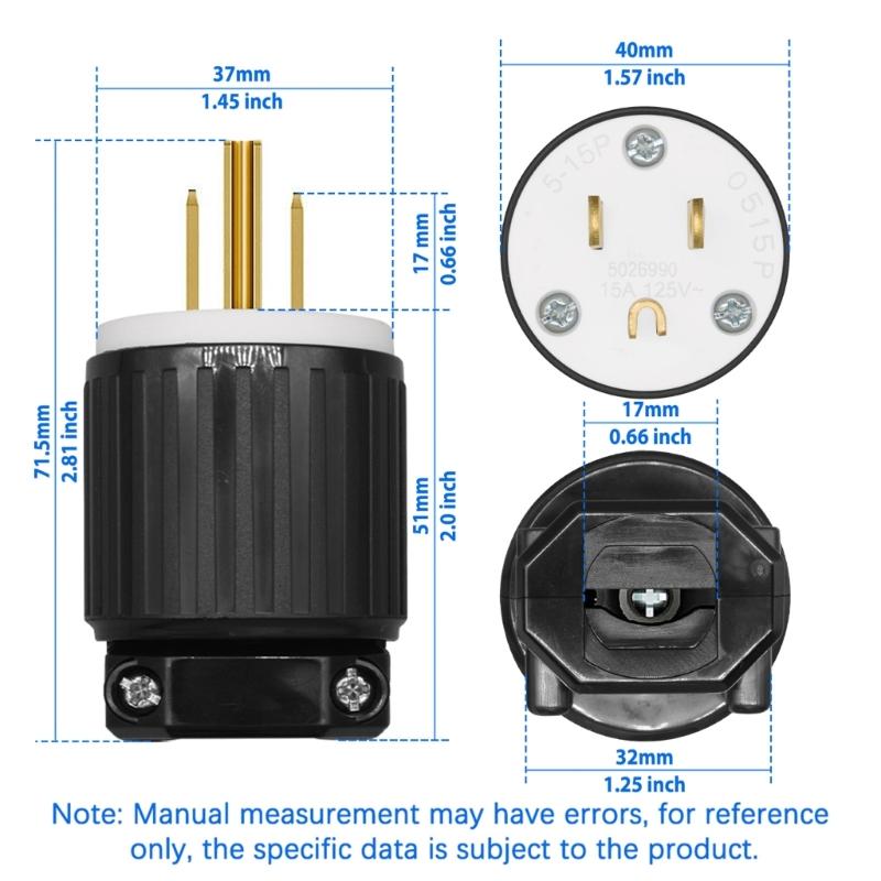 15A NEMA5 15P Male Connector 125V 15A Industrial Grounding and Not Assembly Male Plug