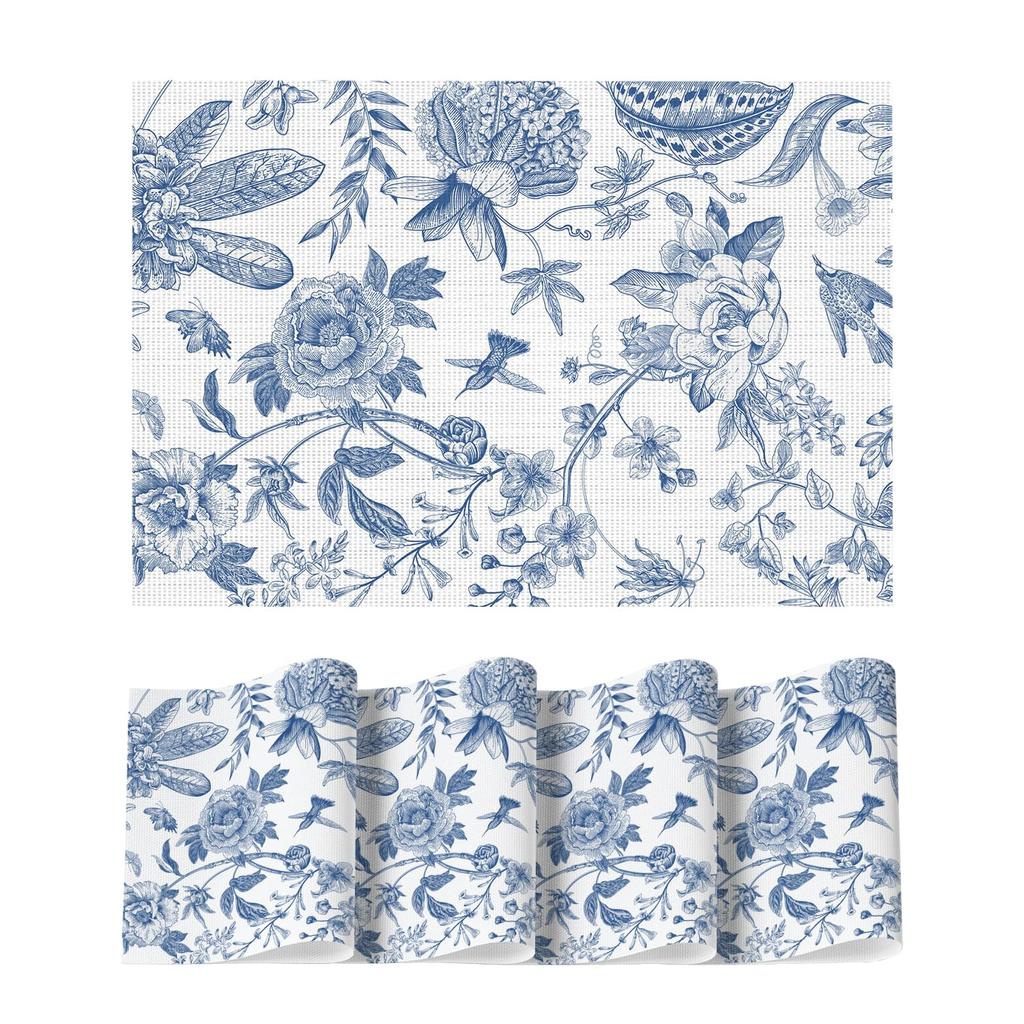 Blaues Blumenmuster Vögel Frühling Vinyl Tischsets Set of 4, Waschbar Hitzebeständig Rutschfest Gewebter Kunststoff PVC Platzsets