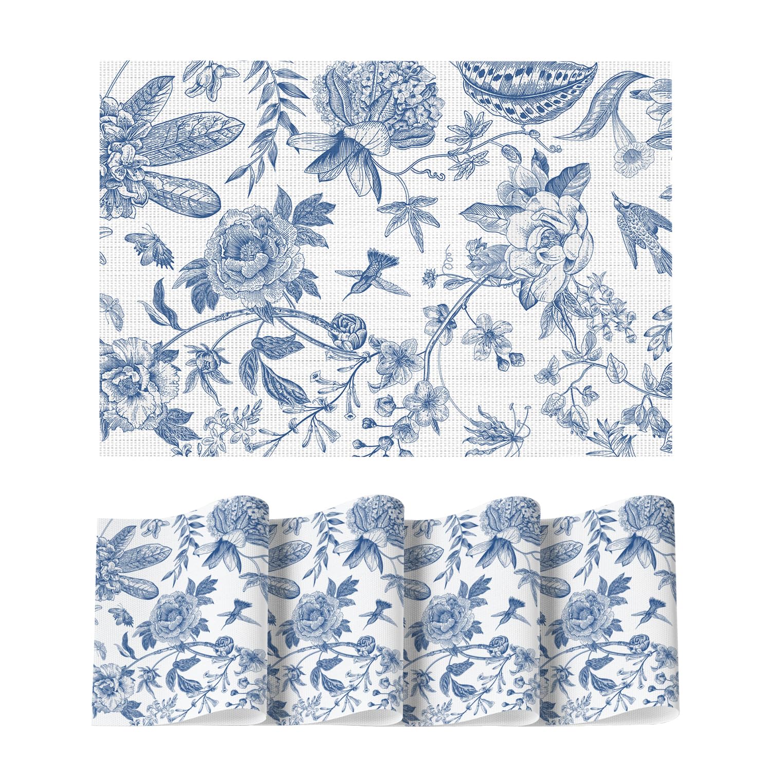 

Blue Floral Brids Spring Vinyl Placemats Set of 4, Washable Heat Resistant Non-Slip Woven Plastic PVC Place Mats 12 x 18 , Rectangular 4 Pcs