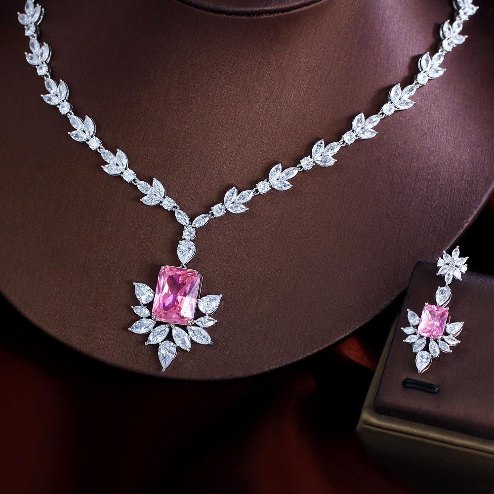 Bright Diamond Princess Pink Zircon Necklace Earrings Set Women'S Dinner Bride Wedding Jewelry Two-Piece Set