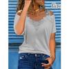 V-neck Patchwork Short Sleeved Lace Casual Loose T-shirt for Women