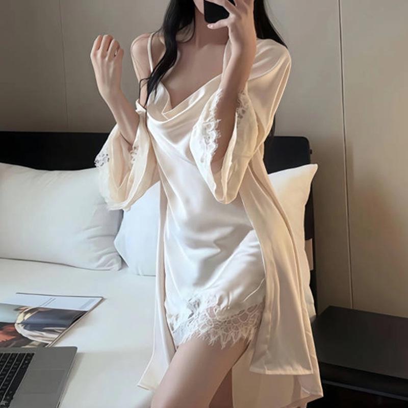 Women's Ice Silk Spaghetti Strap Nightgown, Haute Couture Light Luxury, Slim Fit Backless Midi Dress with Bra Pads - Sexy Spring/Summer Pajamas.