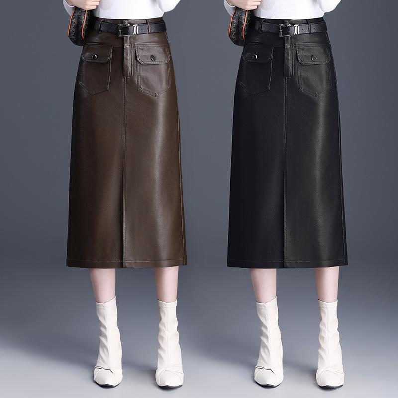 Modischer Damen-Lederrock aus Lammleder mit Schlitz - Hohe Taille, Mittellang, Faltenmildernd, Trendiger Pendlerstil.
