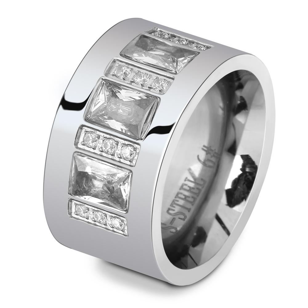 12mm Wide Ring Jewelry Silver Color Stainless Steel White Stone Anillos Rhinestone Women Party Engagement Rings