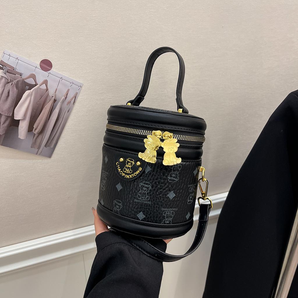 Women’s Fashion Cute Bucket Handbag PU Material Large Capacity Bear Print Double Zipper for Daily Use Commute Casual